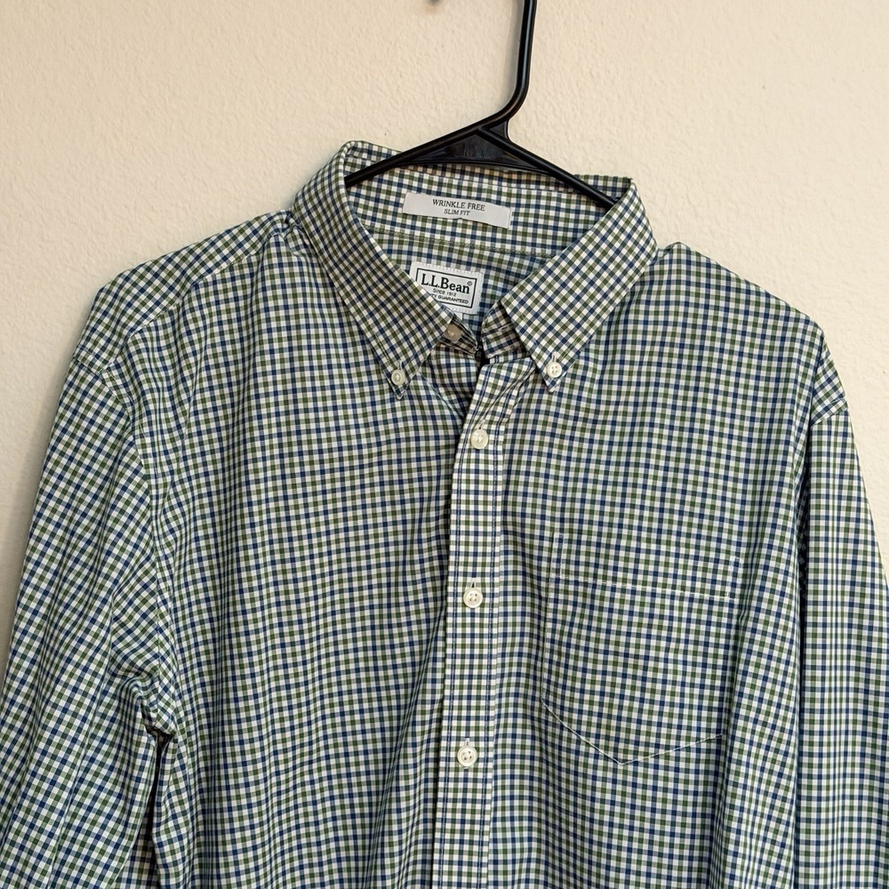 LL Bean Mens L Reg Green Blue Gingham Button Down Shirt Wrinkle Free Long Sleeve